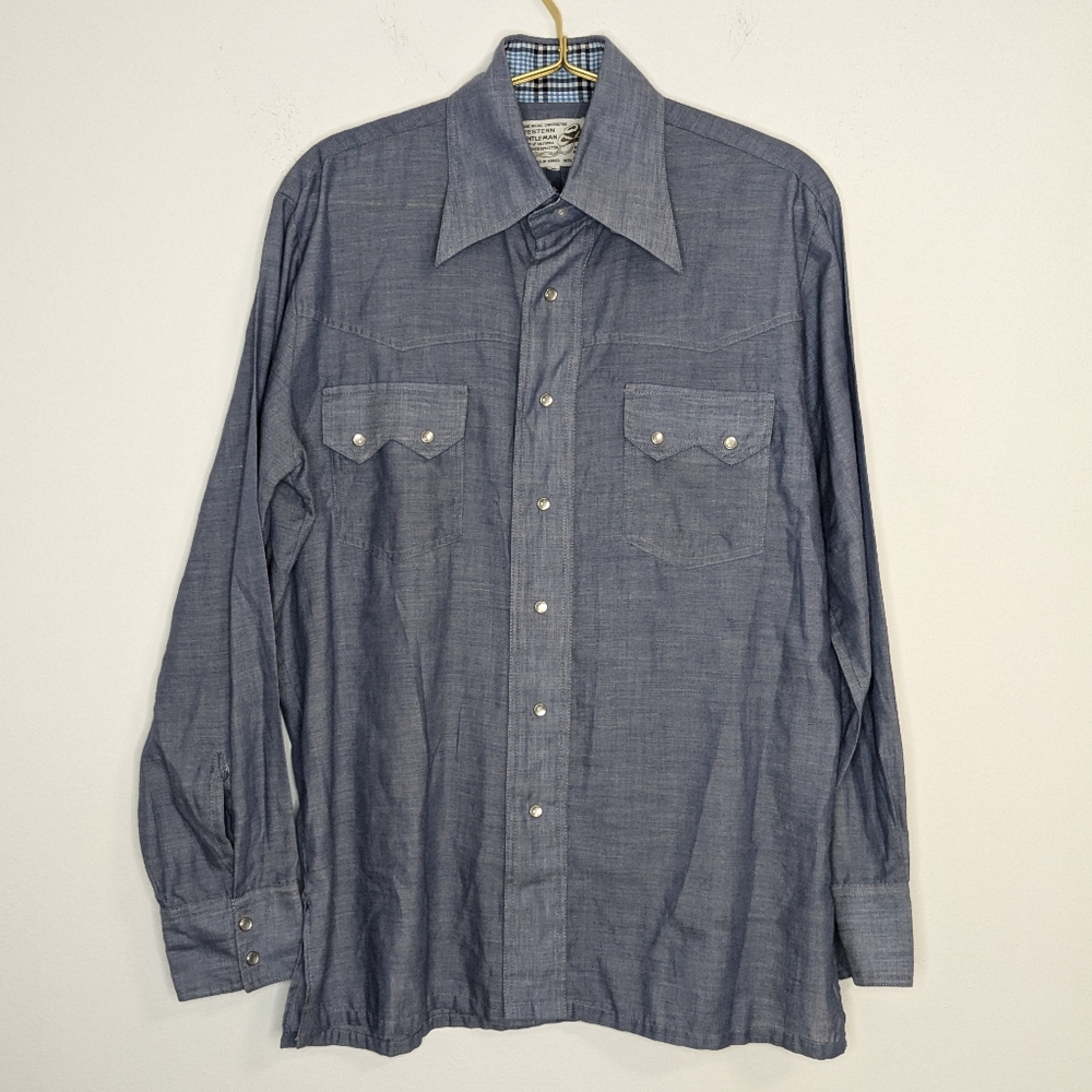 Vintage Western Gentlemen Medium Blue Long Sleeve Pearl Button Down Cowboy Shirt